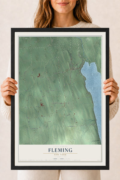 Fleming, New York map print, 18" x 24" W/ Black Ayous Wood Frame mockup