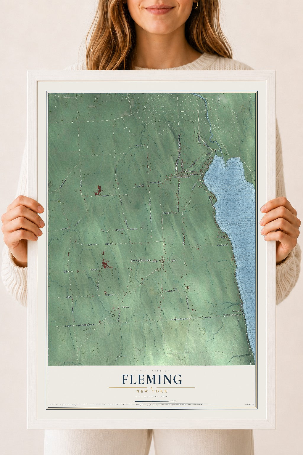 Fleming, New York map print, 18" x 24" W/ White Ayous Wood Frame mockup