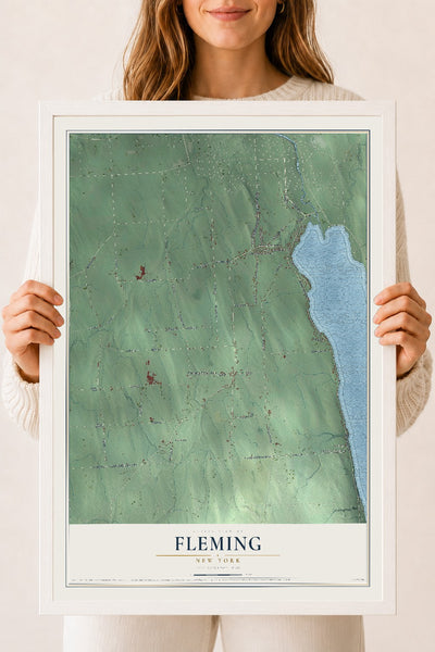 Fleming, New York map print, 18" x 24" W/ White Ayous Wood Frame mockup