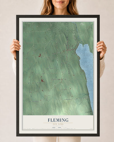 Fleming, New York map print, 24" x 36" W/ Black Ayous Wood Frame mockup