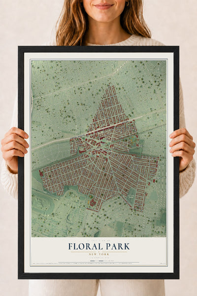 Floral Park, New York map print, 18" x 24" W/ Black Ayous Wood Frame mockup
