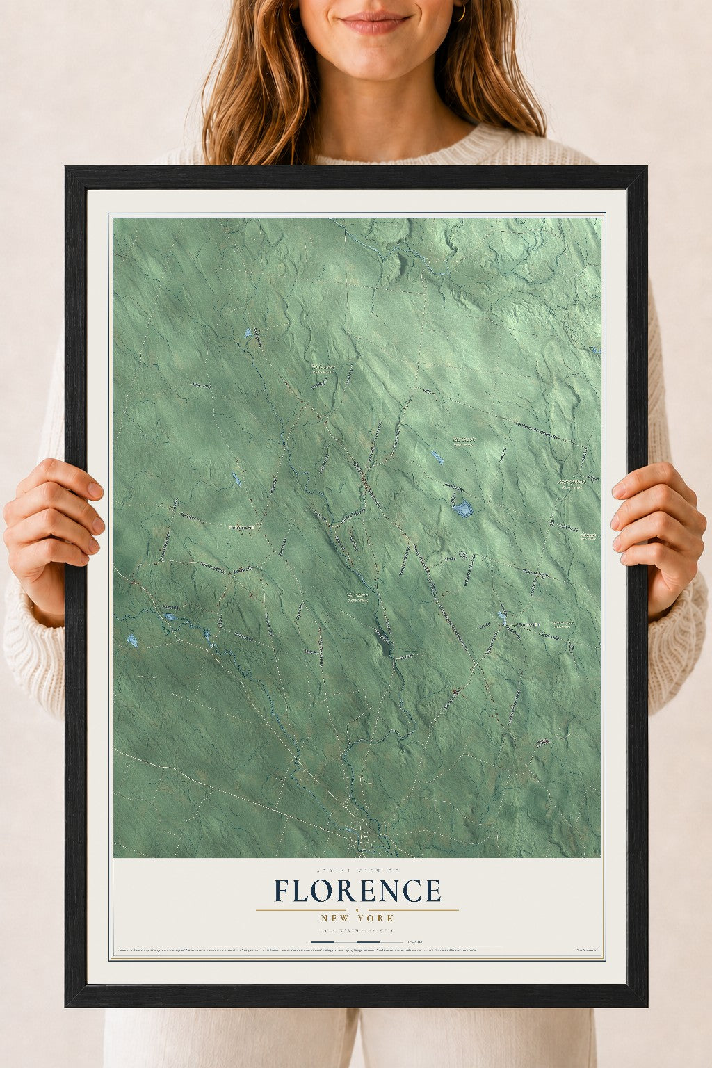 Florence, New York map print, 18" x 24" W/ Black Ayous Wood Frame mockup