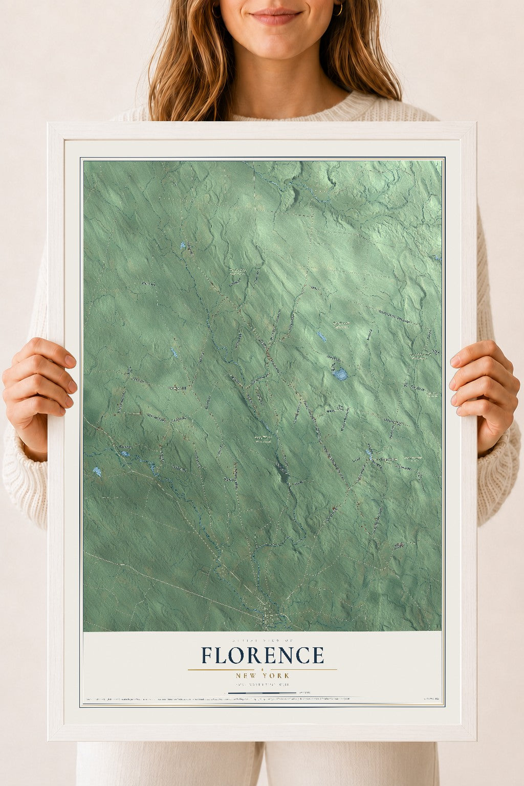 Florence, New York map print, 18" x 24" W/ White Ayous Wood Frame mockup