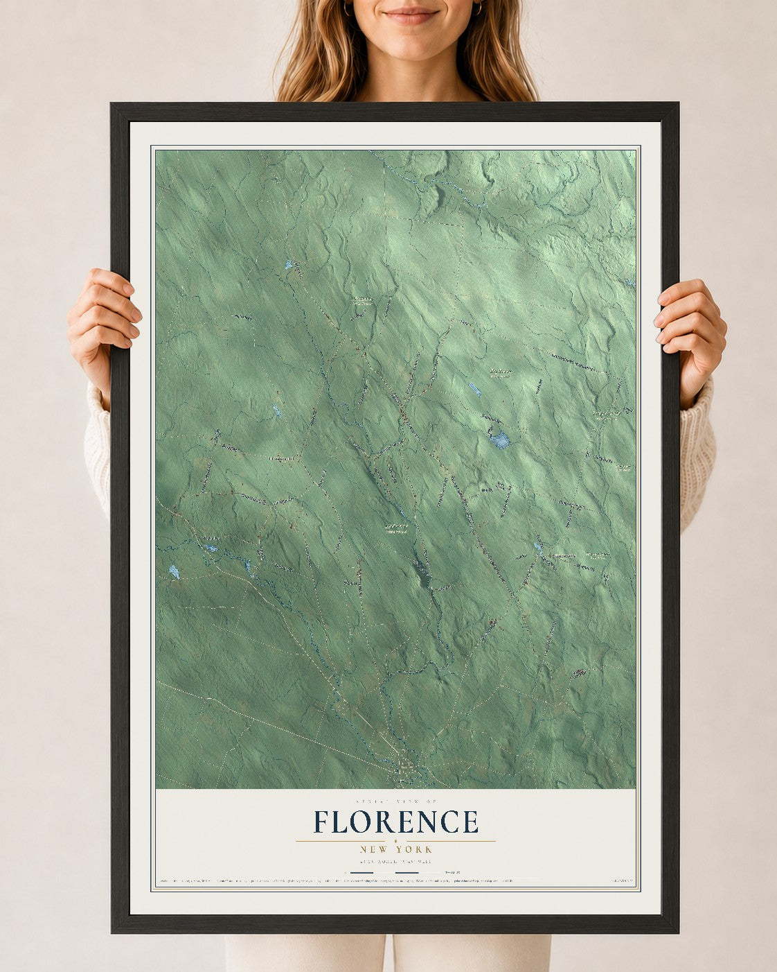Florence, New York map print, 24" x 36" W/ Black Ayous Wood Frame mockup