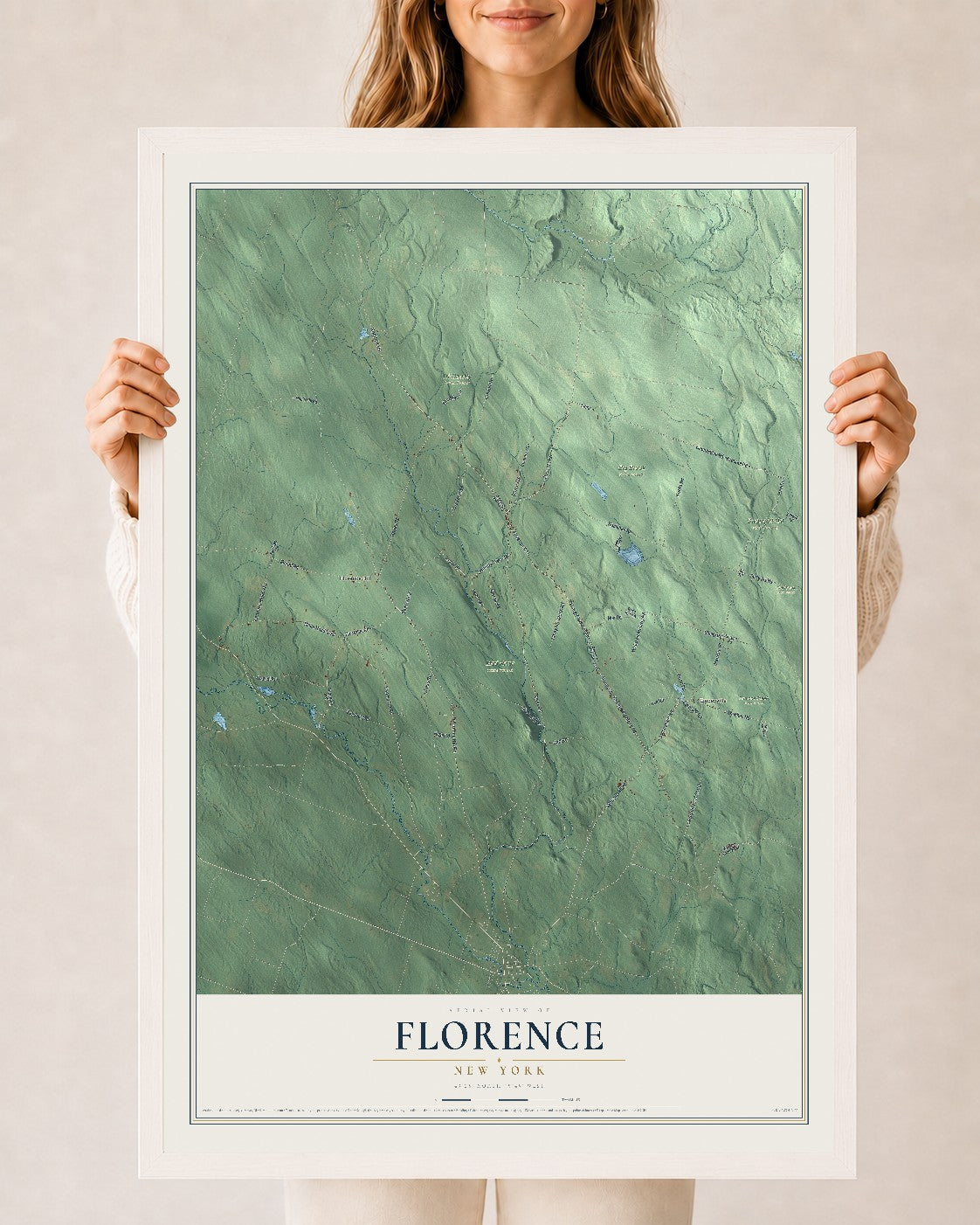 Florence, New York map print, 24" x 36" W/ White Ayous Wood Frame mockup