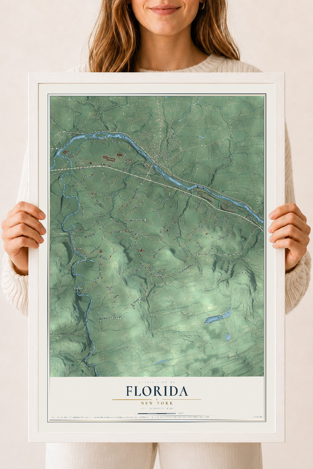 Florida, New York map print, 18" x 24" W/ White Ayous Wood Frame mockup