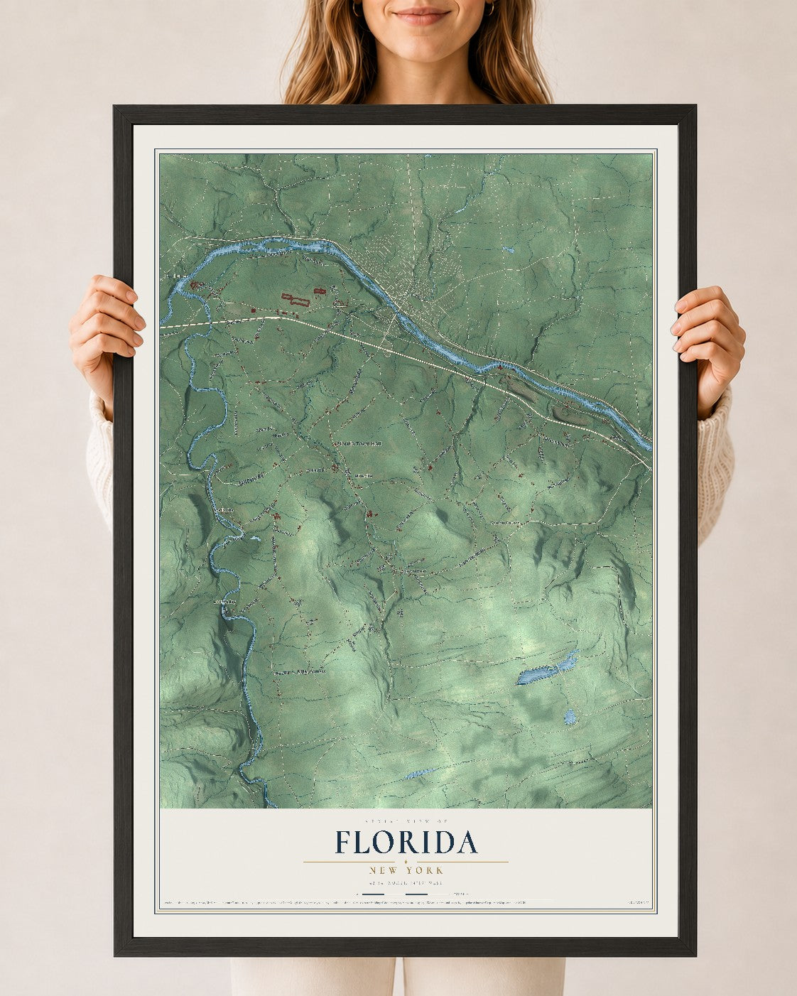 Florida, New York map print, 24" x 36" W/ Black Ayous Wood Frame mockup