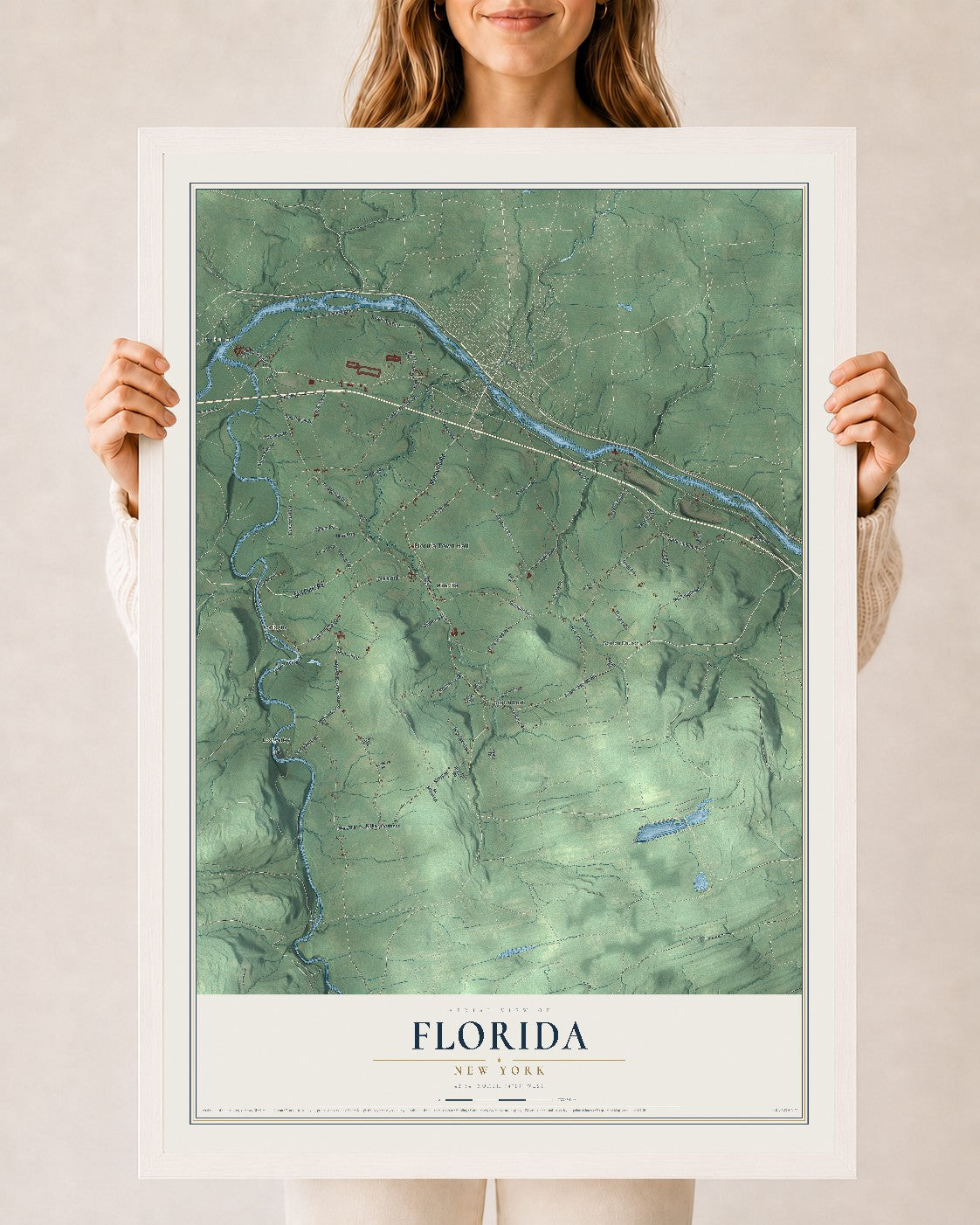 Florida, New York map print, 24" x 36" W/ White Ayous Wood Frame mockup