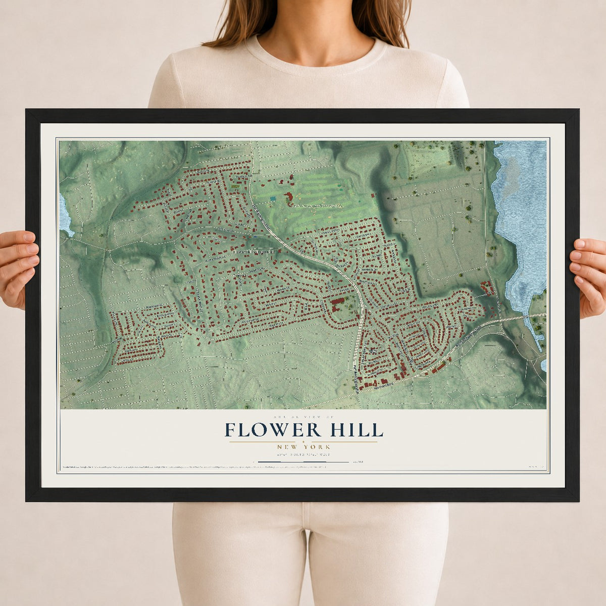 Flower Hill, New York map print, 18" x 24" W/ Black Ayous Wood Frame mockup