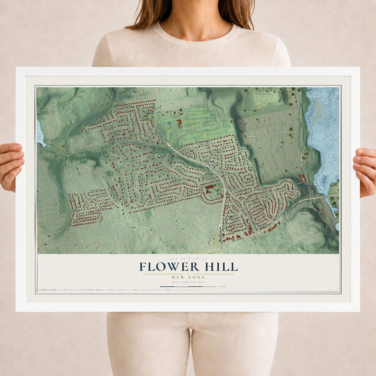 Flower Hill, New York map print, 18" x 24" W/ White Ayous Wood Frame mockup