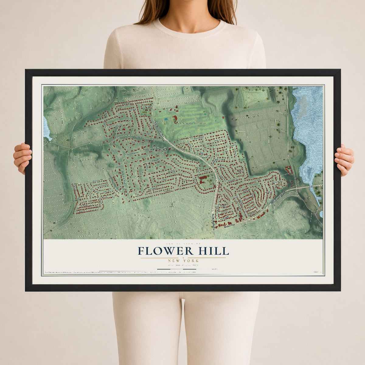 Flower Hill, New York map print, 24" x 36" W/ Black Ayous Wood Frame mockup