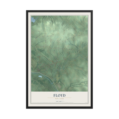 Floyd, New York map print, 12" x 18" W/ Black Ayous Wood Frame mockup