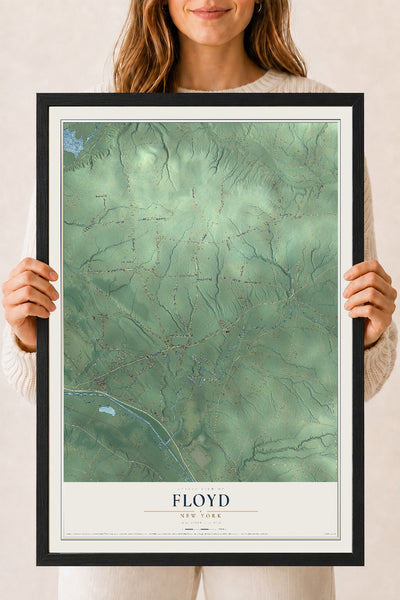 Floyd, New York map print, 18" x 24" W/ Black Ayous Wood Frame mockup