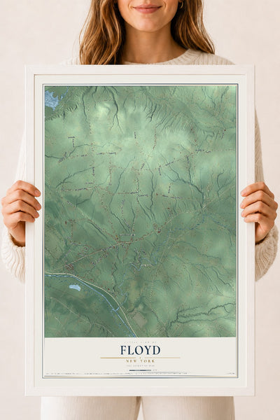 Floyd, New York map print, 18" x 24" W/ White Ayous Wood Frame mockup