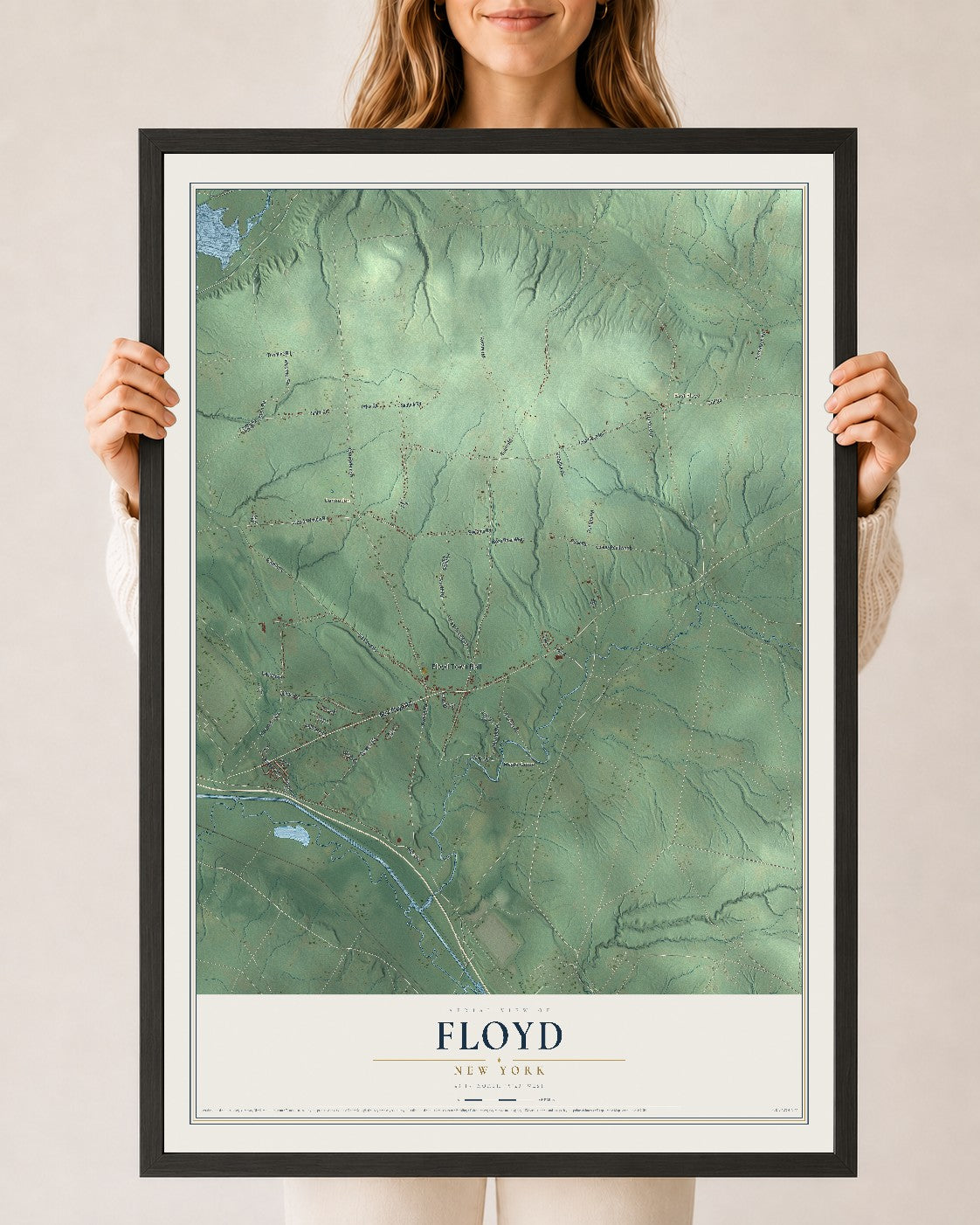 Floyd, New York map print, 24" x 36" W/ Black Ayous Wood Frame mockup
