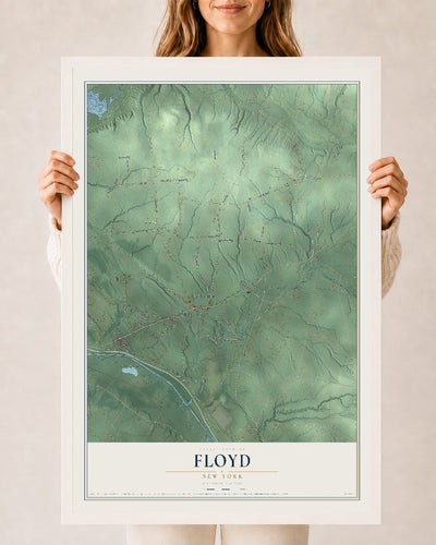 Floyd, New York map print, 24" x 36" W/ White Ayous Wood Frame mockup