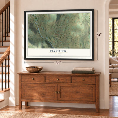 Fly Creek, New York map, 24 x 36 inch print in a black frame above a dresser by a staircase