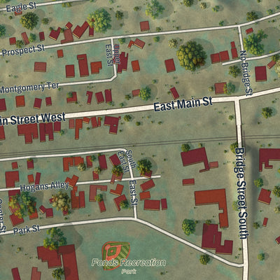 Close-up of the map of Fonda, New York print showing street and building detail