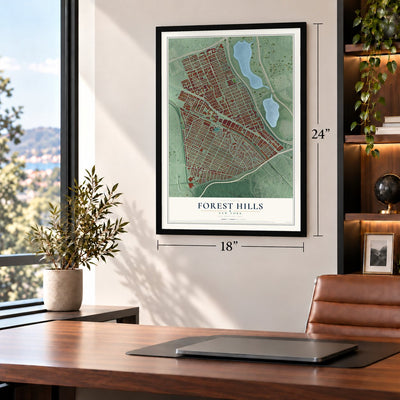 Forest Hills, New York map, 18 x 24 inch print in a black frame in a home office