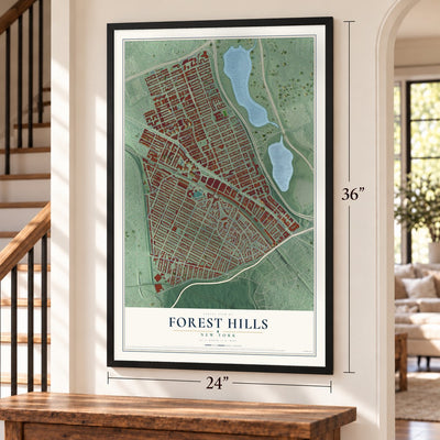 Forest Hills, New York map, 24 x 36 inch print in a black frame by a staircase