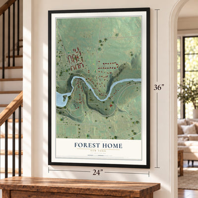 Forest Home, New York map, 24 x 36 inch print in a black frame by a staircase