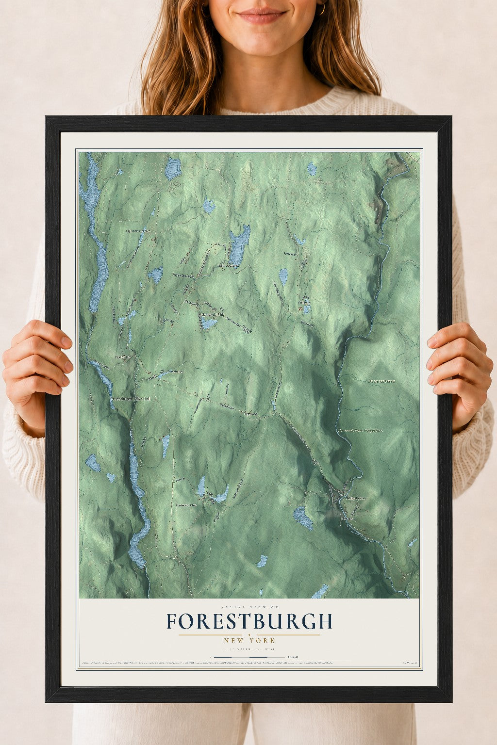 Forestburgh, New York map print, 18" x 24" W/ Black Ayous Wood Frame mockup