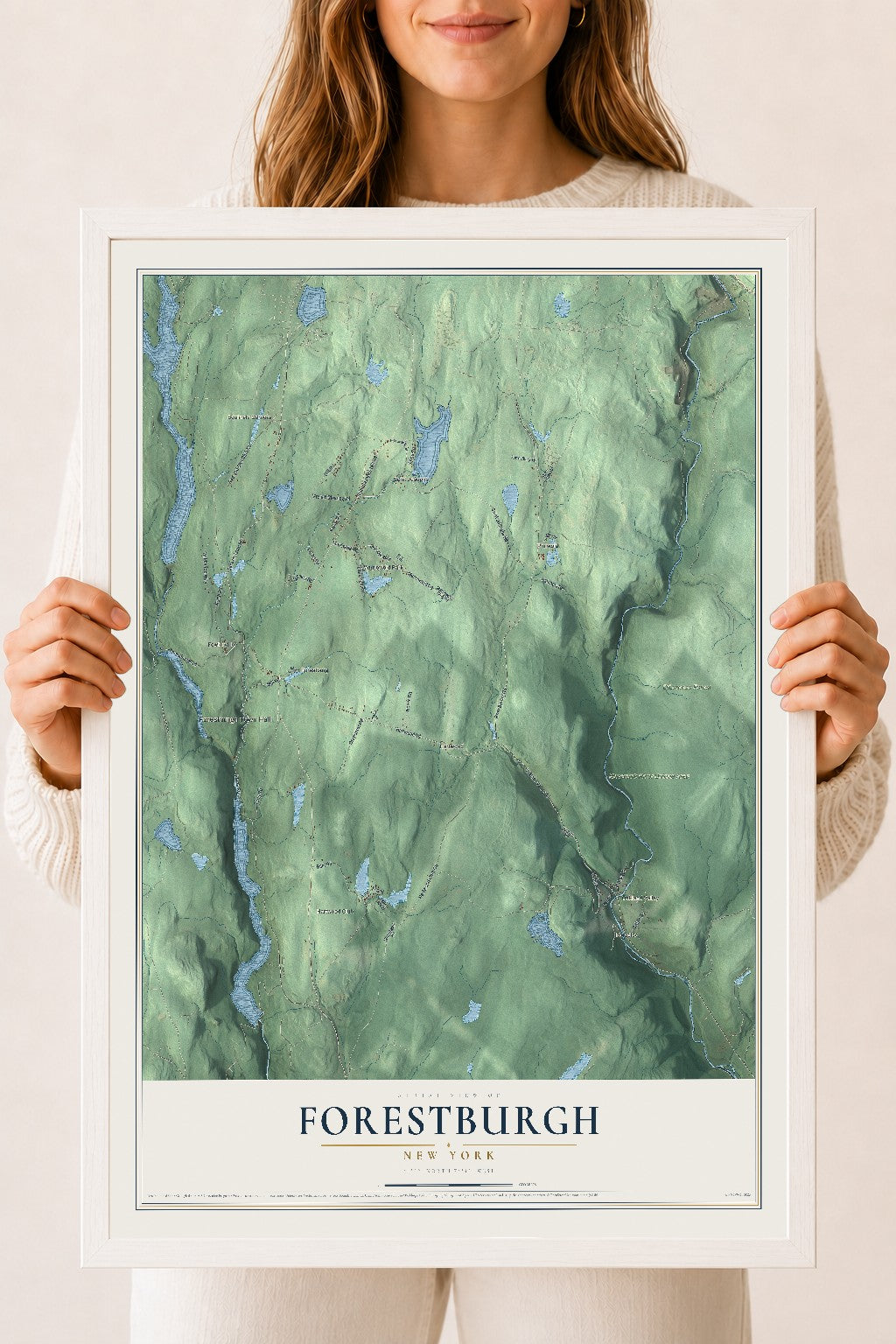 Forestburgh, New York map print, 18" x 24" W/ White Ayous Wood Frame mockup