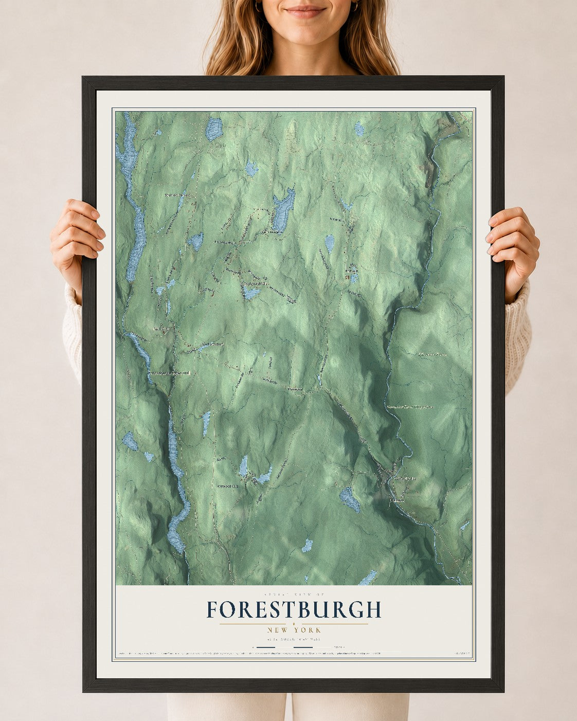 Forestburgh, New York map print, 24" x 36" W/ Black Ayous Wood Frame mockup
