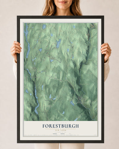 Forestburgh, New York map print, 24" x 36" W/ Black Ayous Wood Frame mockup
