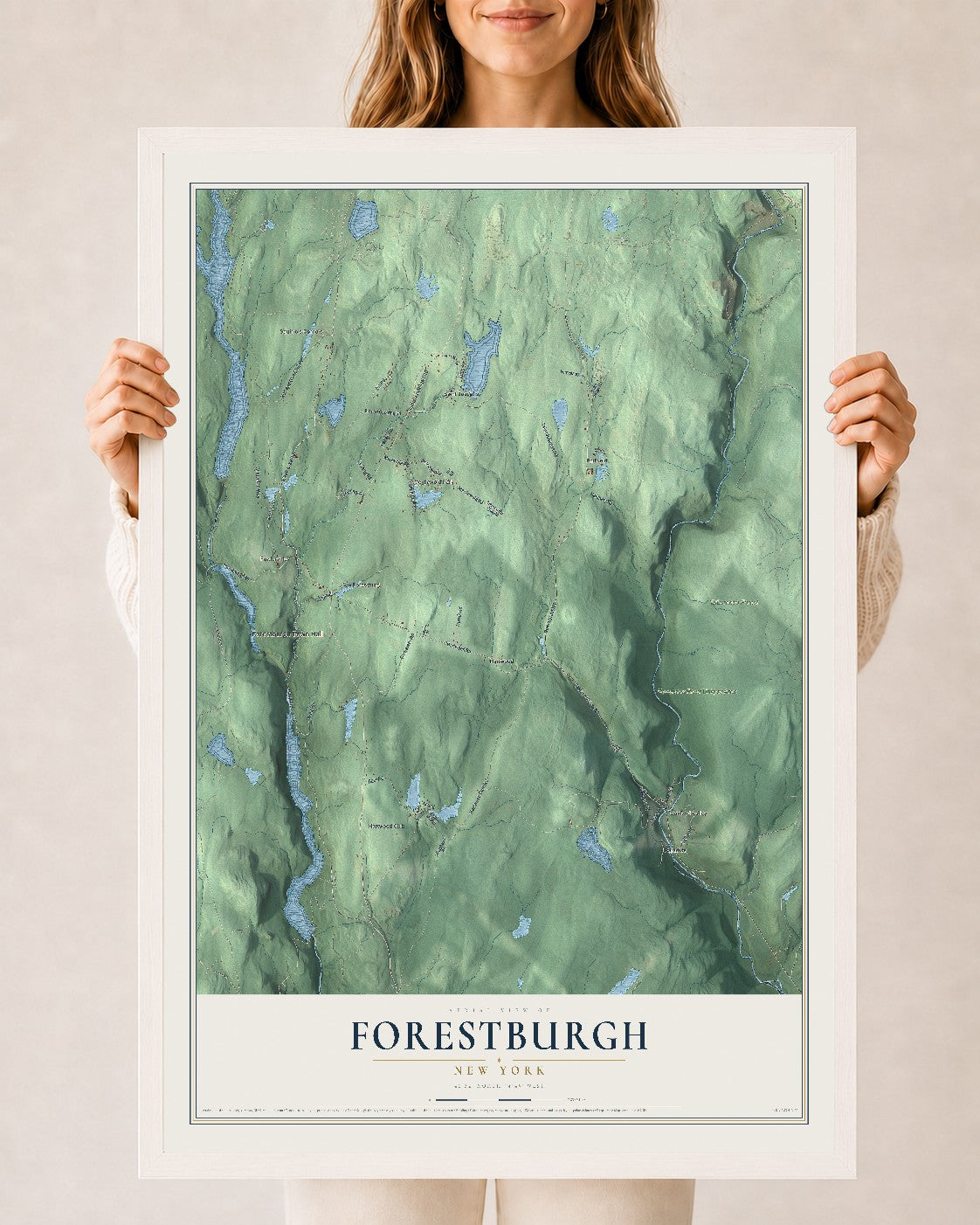 Forestburgh, New York map print, 24" x 36" W/ White Ayous Wood Frame mockup