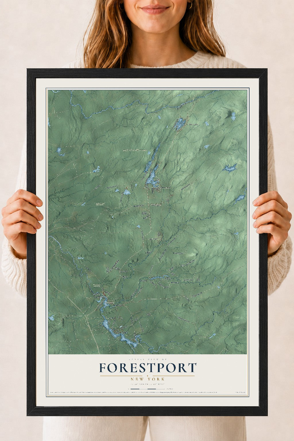 Forestport, New York map print, 18" x 24" W/ Black Ayous Wood Frame mockup