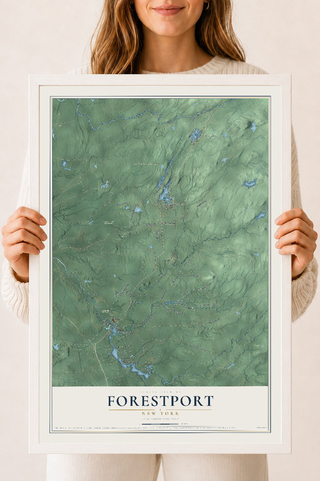 Forestport, New York map print, 18" x 24" W/ White Ayous Wood Frame mockup