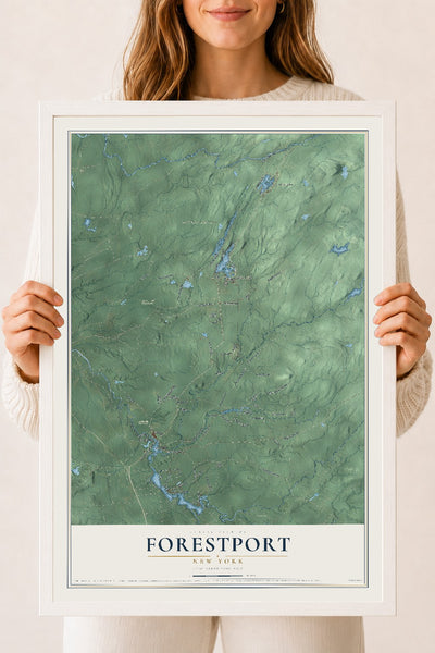 Forestport, New York map print, 18" x 24" W/ White Ayous Wood Frame mockup