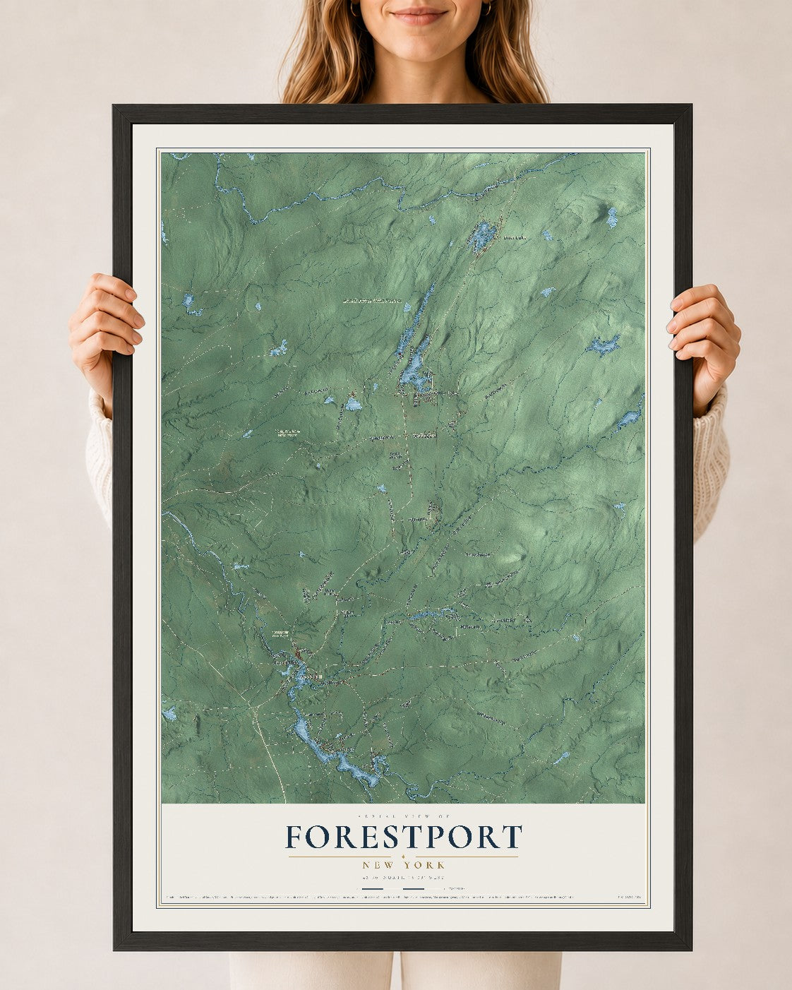 Forestport, New York map print, 24" x 36" W/ Black Ayous Wood Frame mockup