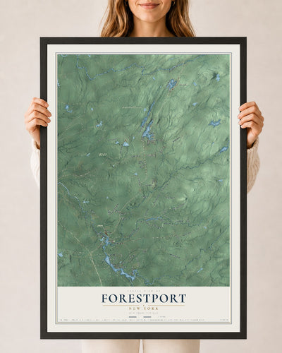 Forestport, New York map print, 24" x 36" W/ Black Ayous Wood Frame mockup