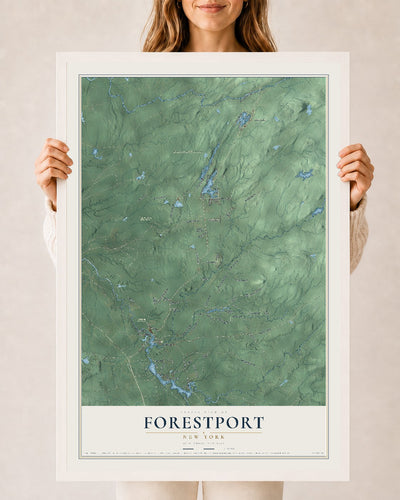 Forestport, New York map print, 24" x 36" W/ White Ayous Wood Frame mockup