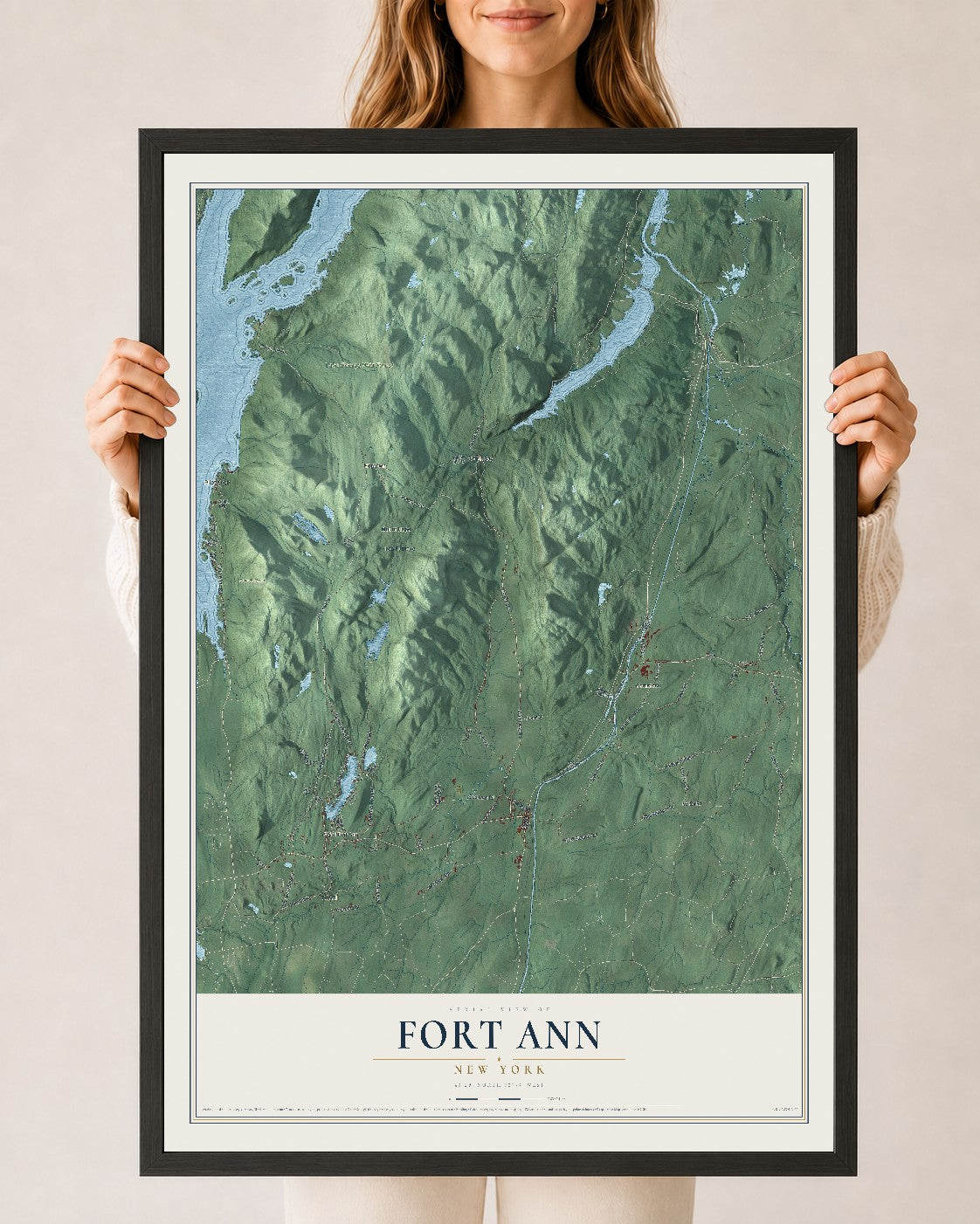 Fort Ann, New York map print, 24" x 36" W/ Black Ayous Wood Frame mockup