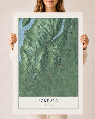 Fort Ann, New York map print, 24" x 36" W/ White Ayous Wood Frame mockup