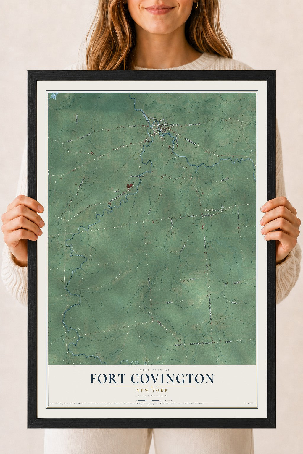 Fort Covington, New York map print, 18" x 24" W/ Black Ayous Wood Frame mockup