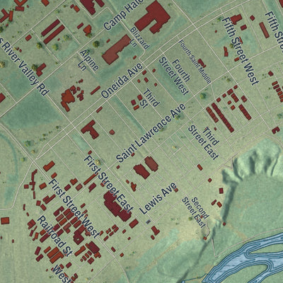 Close-up of the map of Fort Drum, New York print showing street and building detail