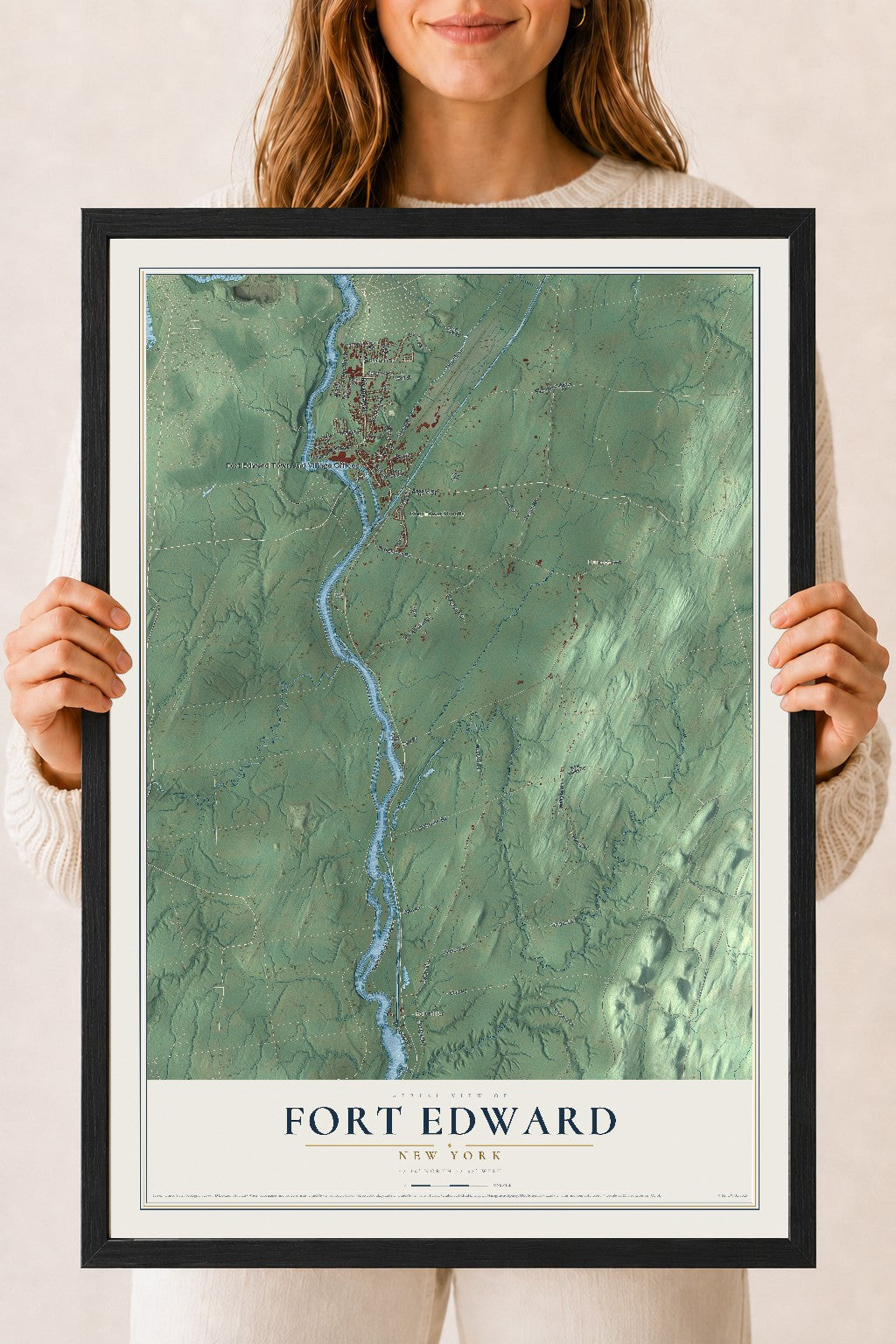 Fort Edward, New York map print, 18" x 24" W/ Black Ayous Wood Frame mockup