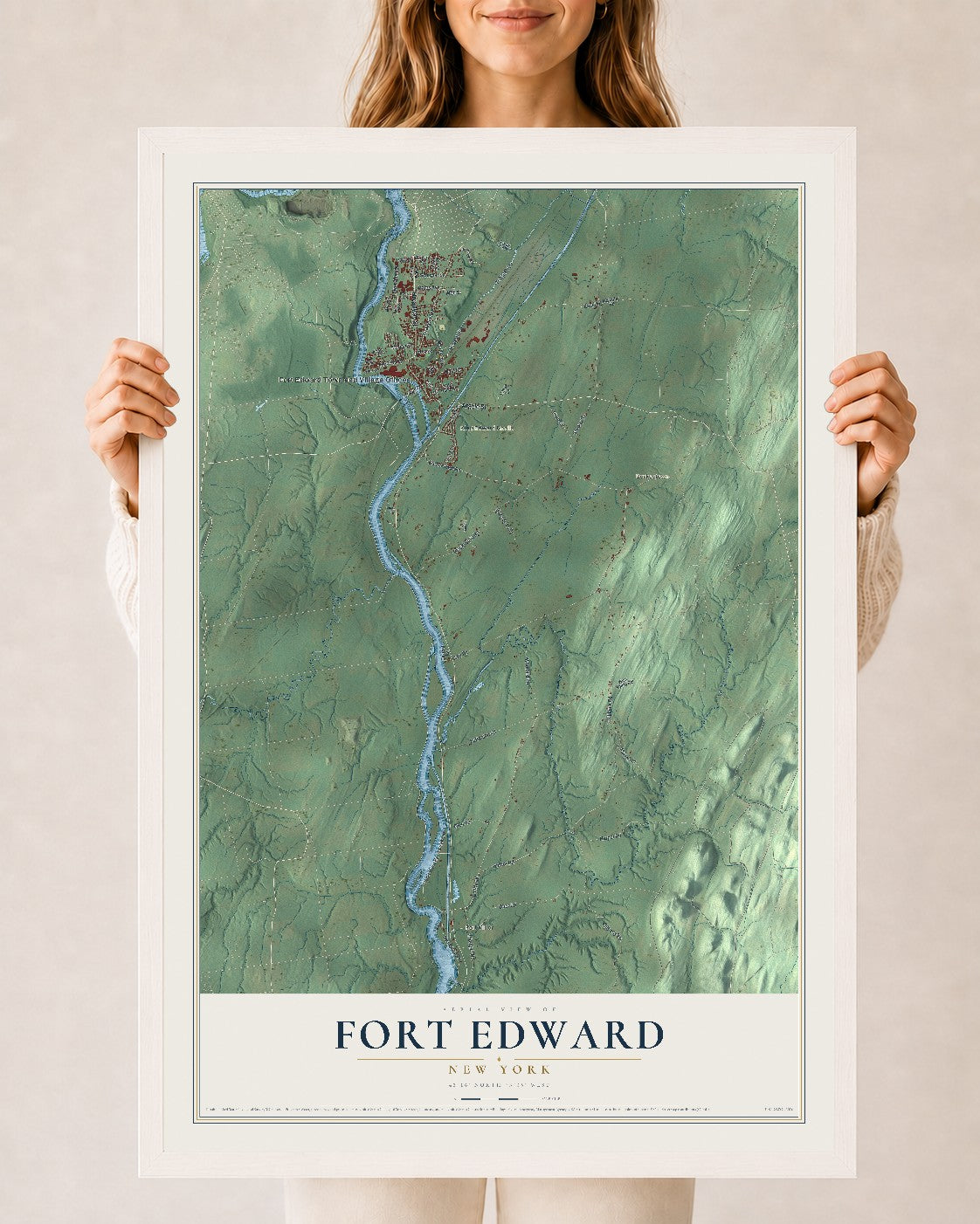 Fort Edward, New York map print, 24" x 36" W/ White Ayous Wood Frame mockup