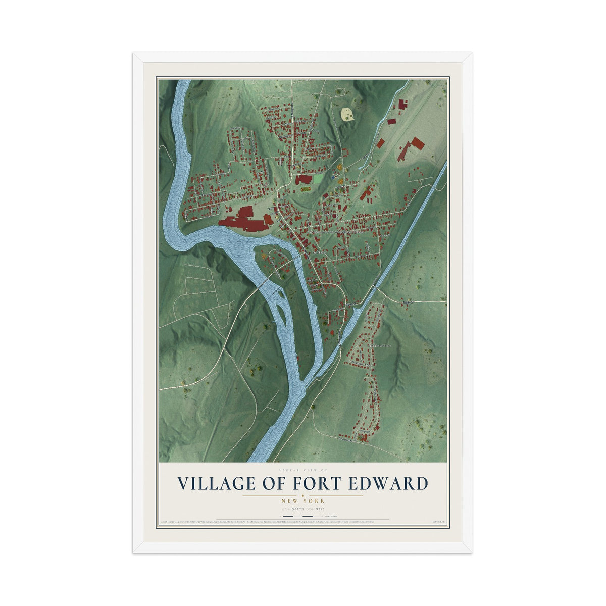 Fort Edward, New York map print, 12" x 18" W/ White Ayous Wood Frame mockup