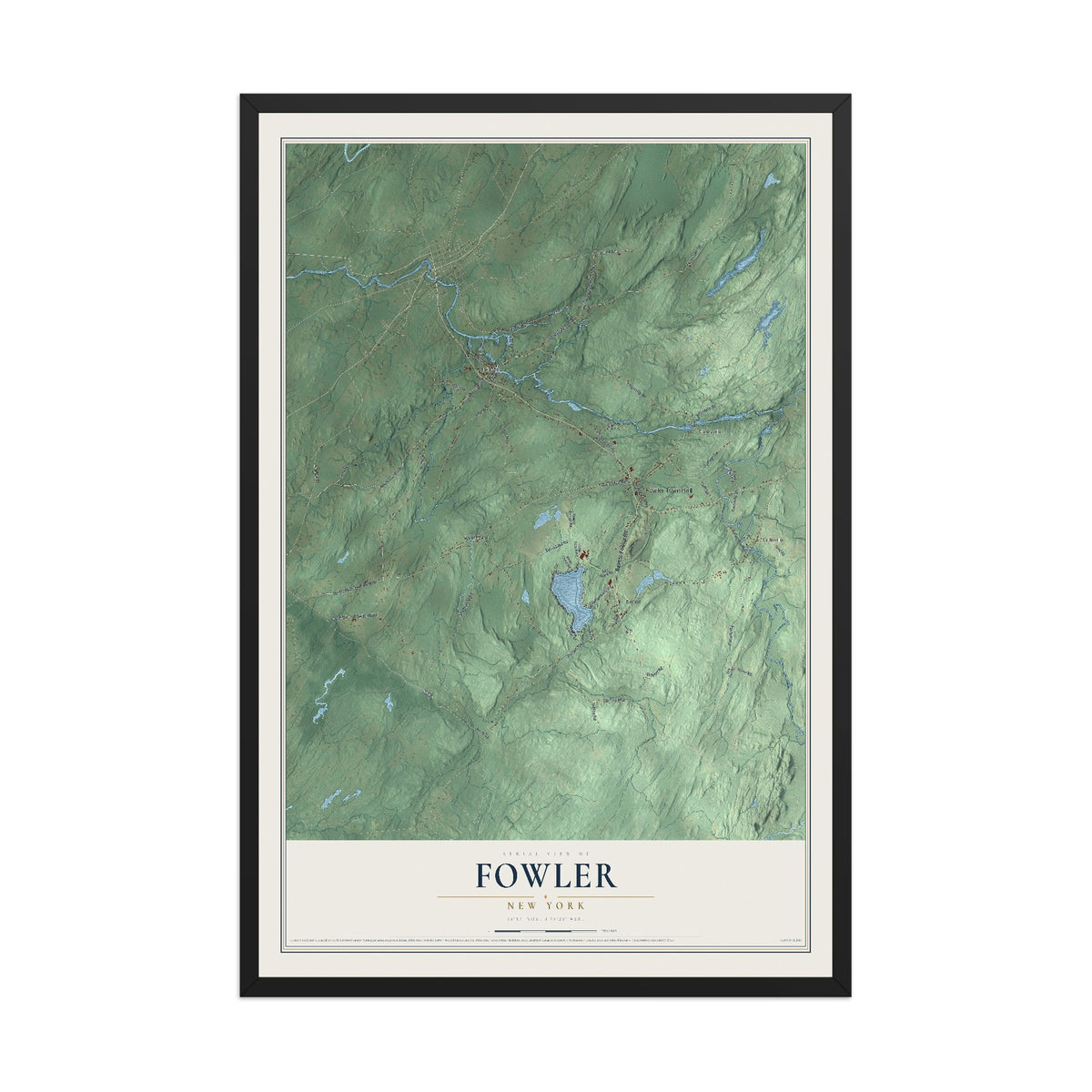 Fowler, New York map print, 12" x 18" W/ Black Ayous Wood Frame mockup