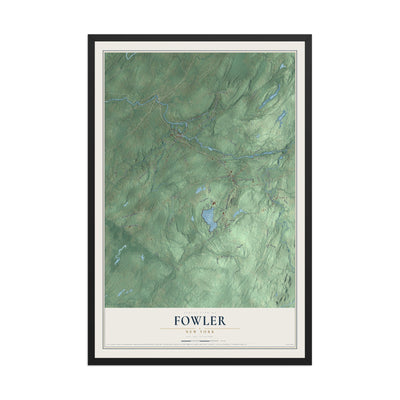 Fowler, New York map print, 12" x 18" W/ Black Ayous Wood Frame mockup