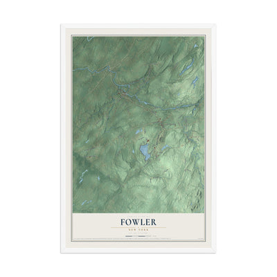 Fowler, New York map print, 12" x 18" W/ White Ayous Wood Frame mockup