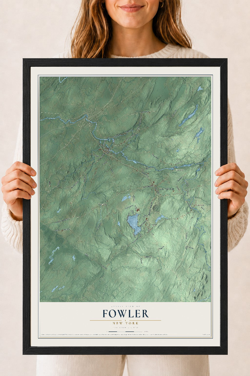 Fowler, New York map print, 18" x 24" W/ Black Ayous Wood Frame mockup