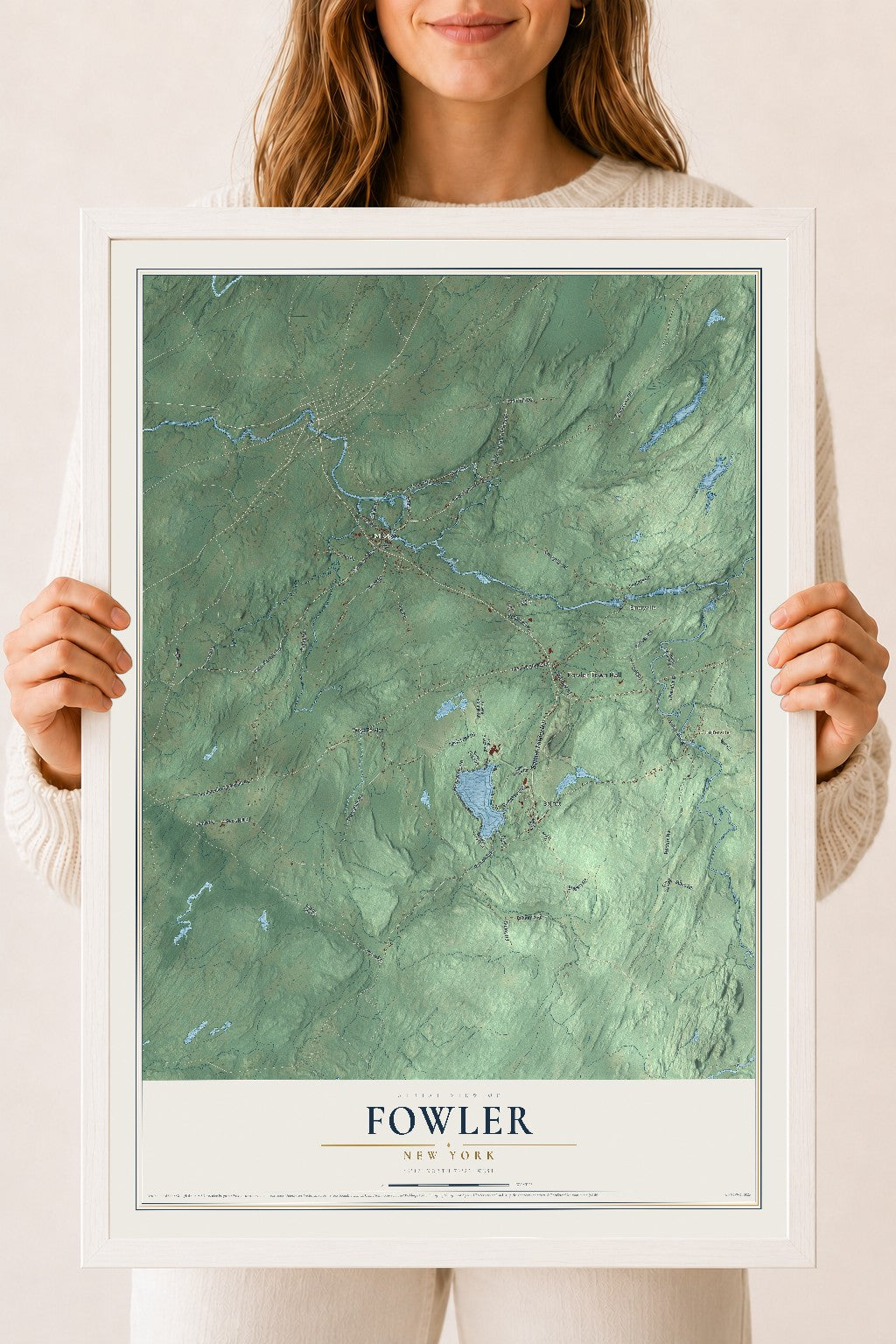 Fowler, New York map print, 18" x 24" W/ White Ayous Wood Frame mockup