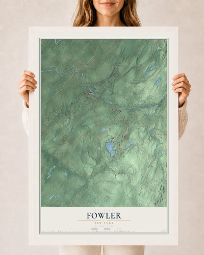 Fowler, New York map print, 24" x 36" W/ White Ayous Wood Frame mockup