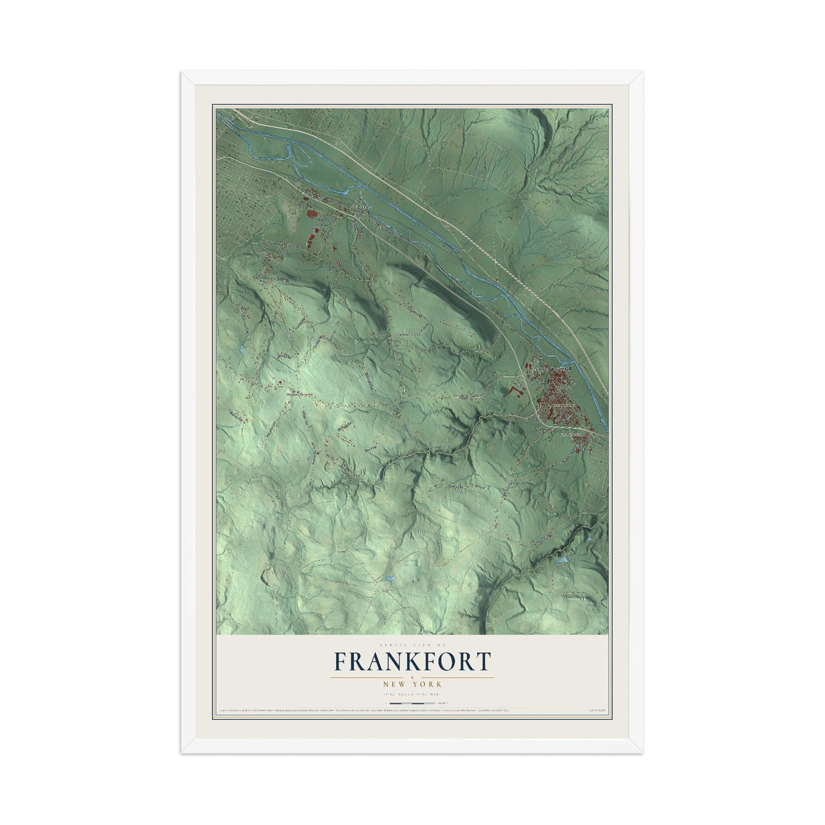 Frankfort, New York map print, 12" x 18" W/ White Ayous Wood Frame mockup